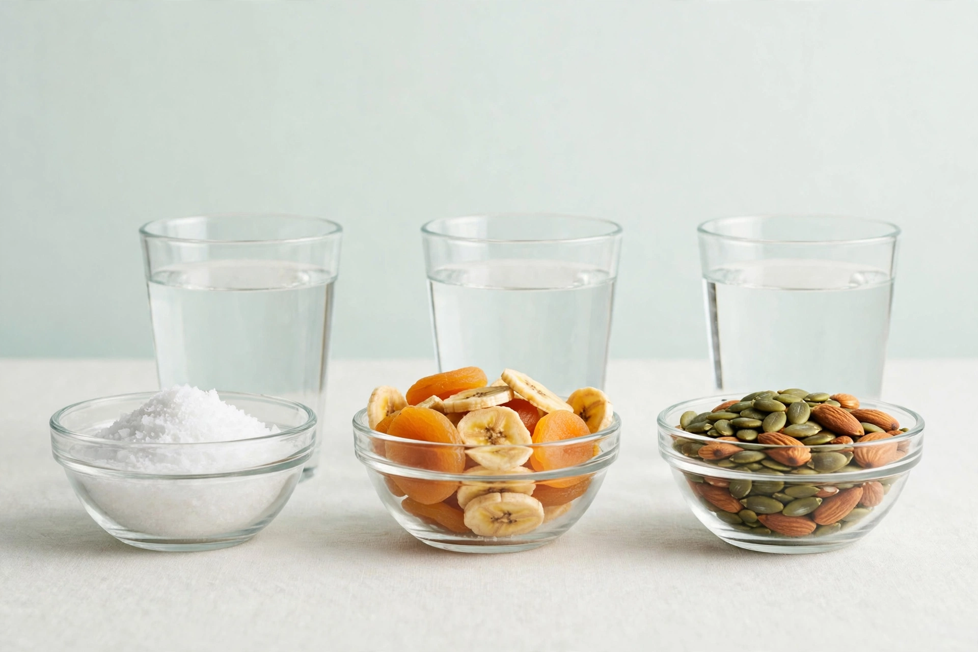 Salt, bananas and leafy greens representing sodium, potassium and magnesium